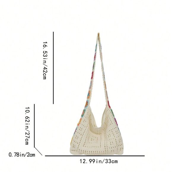 Beige Vacation Women's Contrast Color Floral Hollow Out Knitted Shoulder Bag - Picture 6 of 6